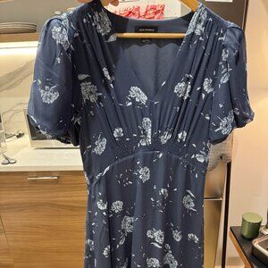 Blue Floral Puff Sleeve Midi Silk Dress, Club Monaco (Never Worn)